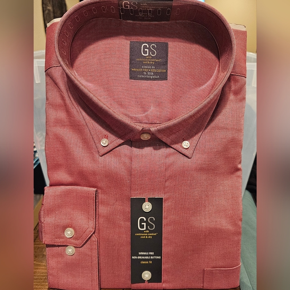 New DXL GS Men's Redish Long Sleeve Classic Fit Cotton Button Up Shirt 19- 35/36